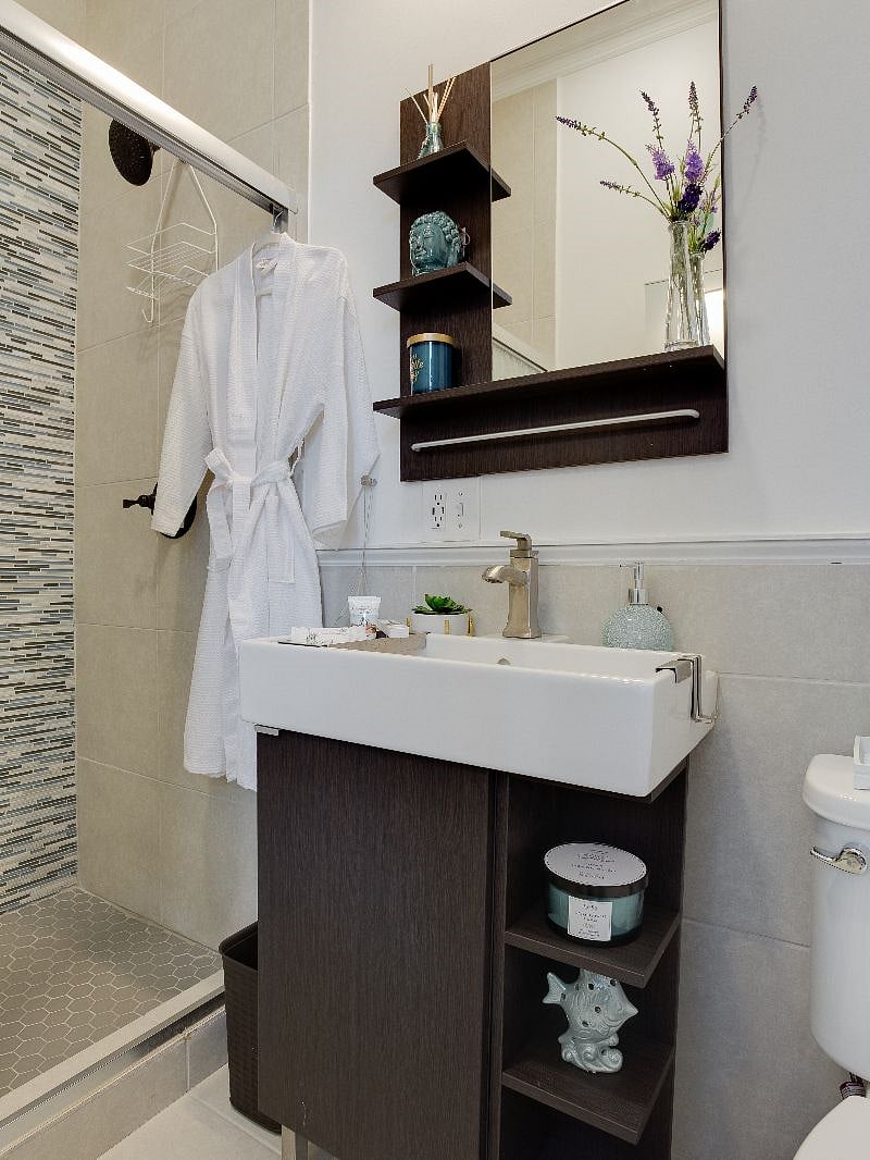 Large glass shower and spa like feel bathroom