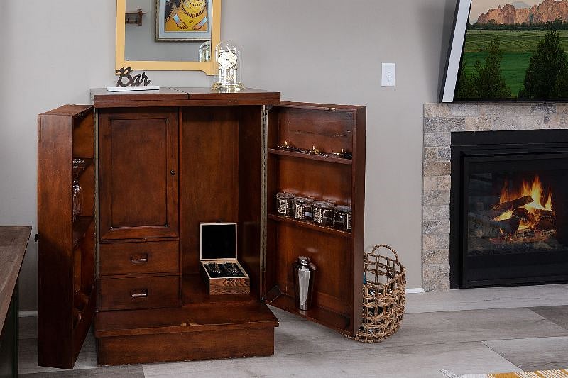Time for an adult beverage after a day of outdoor adventures in your living room bar.