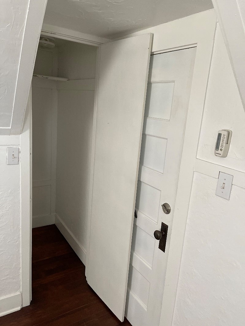 Large Closet to store suitcases or just to keep your needs hidden away. There are hangers in this closet for work clothes for easy access