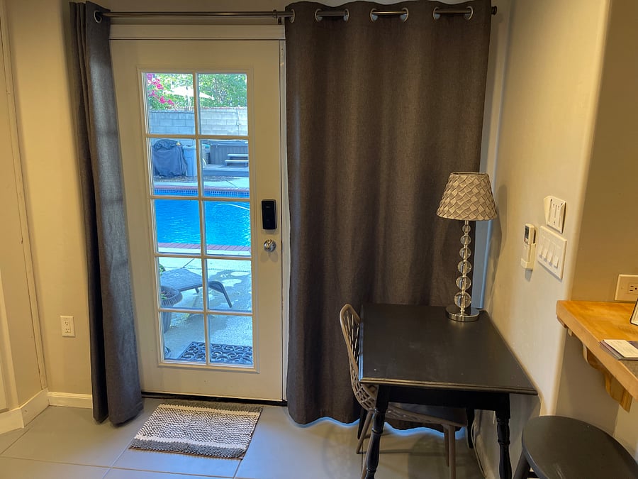 Extra workspace for your traveling needs, with extra plugs and great lighting from outside. WiFi is included.