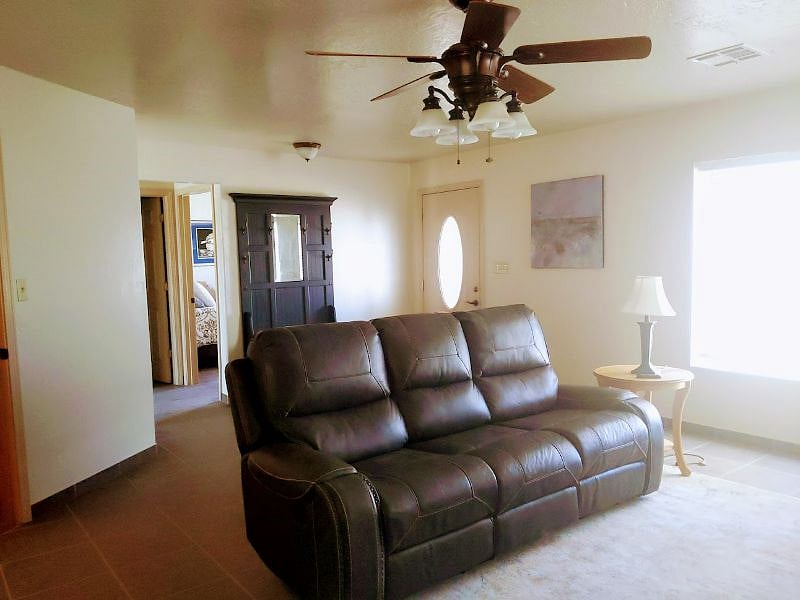 front door living room area overhead fan.