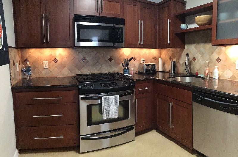 Kitchen with gas stove, dishwasher, and microwave