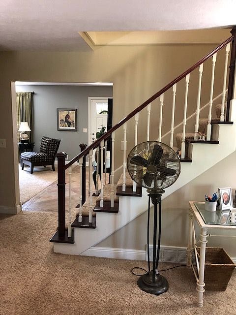 Stairs leading to second floor with private bed and bathroom.