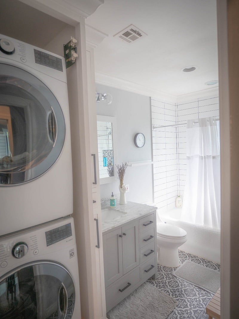 Close-up view of the full-sized washer/dryer located in the front bathroom.