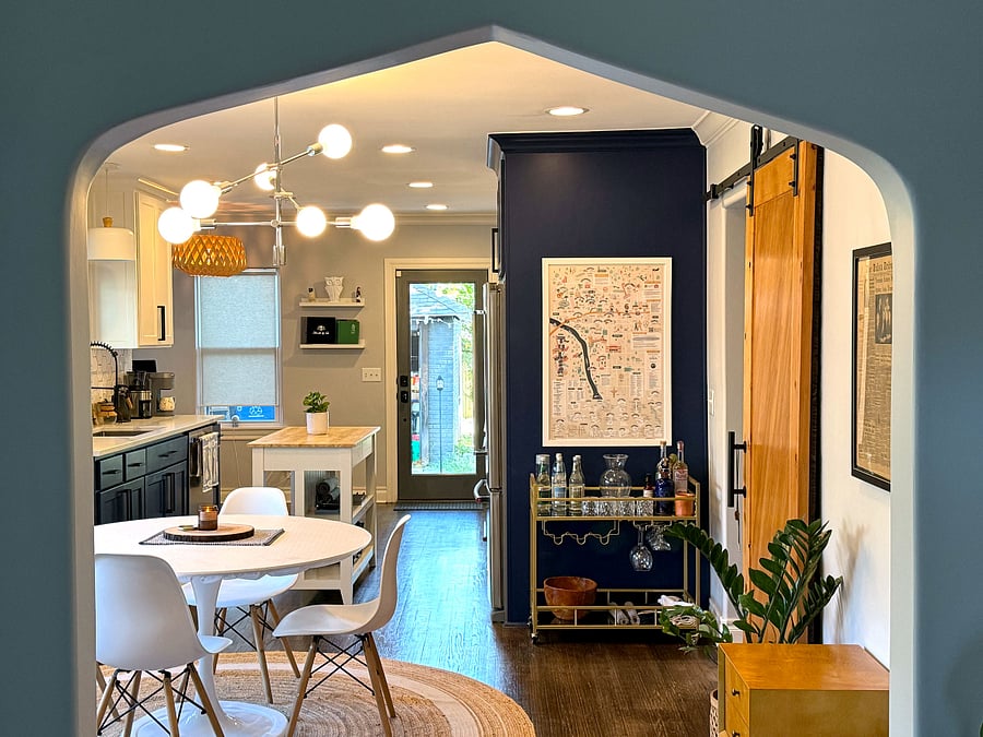 The entryway leads you from the living room into the dining room, kitchen, and master bedroom.