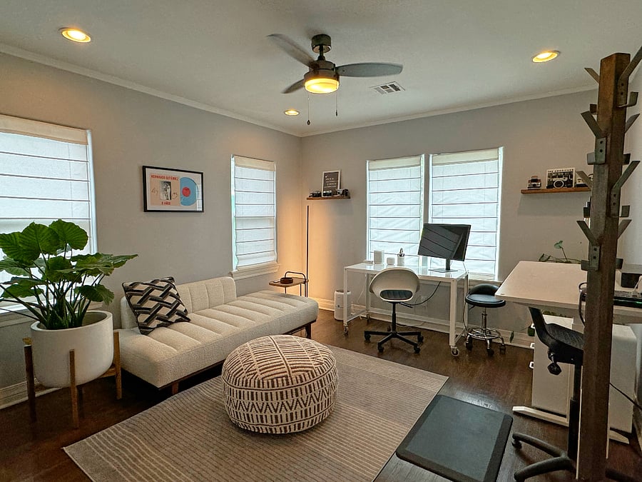 The second room in the house serves as an office / guest bedroom complete with two desks (one sit, one adjustable standing). An inflatable queen mattress is available if needed.