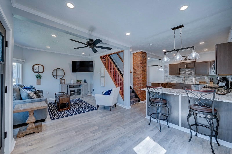 Breakfast bar and living room