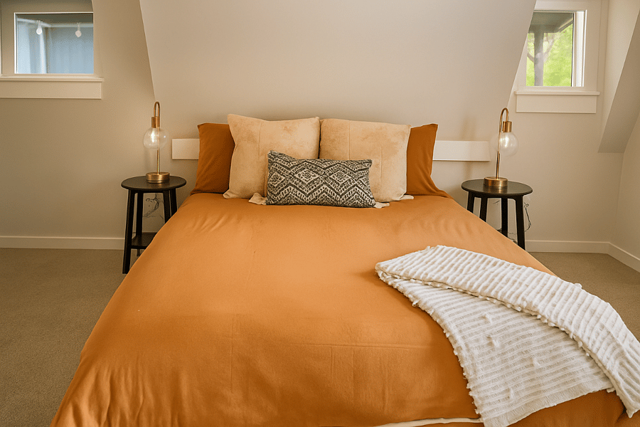 Relax in this cozy bedroom, featuring a plush queen bed and warm, earthy tonesperfect for a restful night's sleep