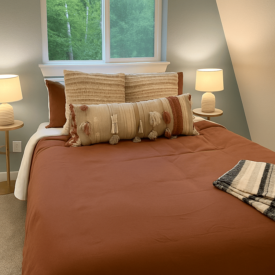 Charming upstairs bedroom with a cozy vibe and calming forest views