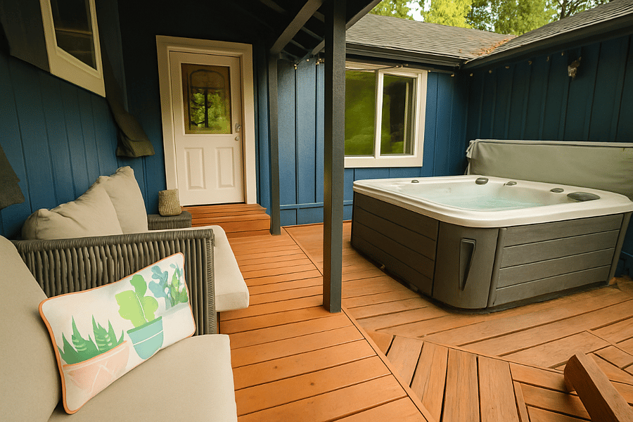 Unwind on the private deckwhether you're soaking in the hot tub or lounging under the covered patio, its the perfect spot to relax after a day of adventure