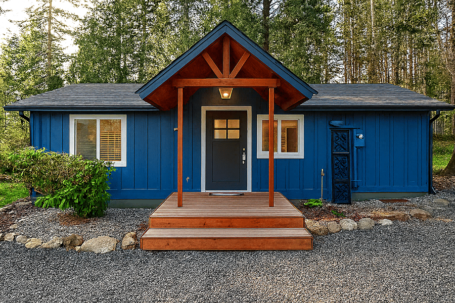 Step into comfortthis charming blue cabin welcomes you with warm wood accents and peaceful forest vibes