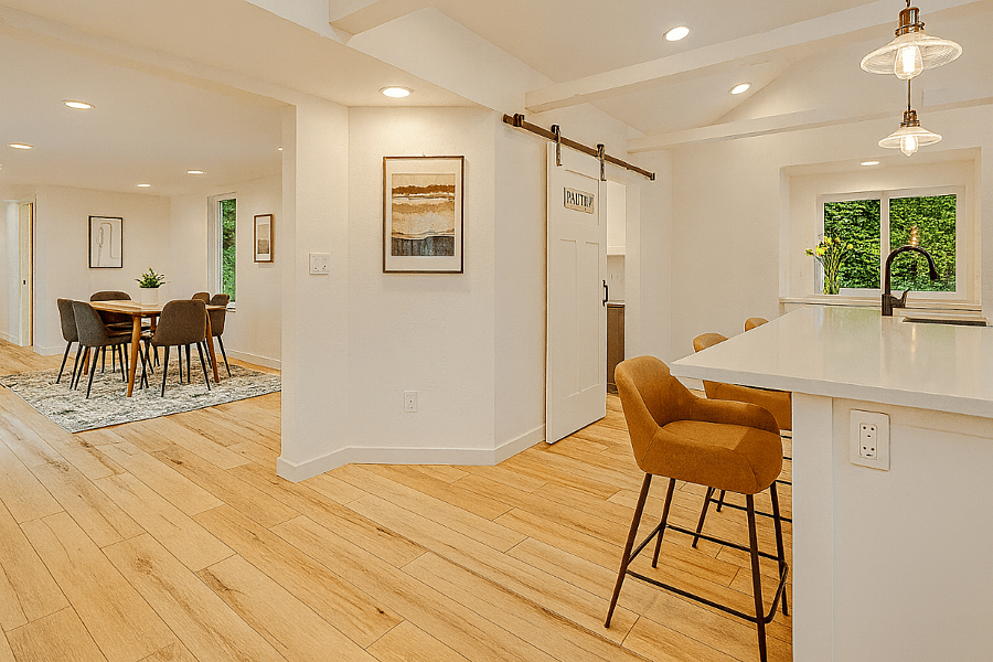 Stylish and functional: enjoy meals at the island bar or gather around the dining table just steps awayperfect for both casual mornings and cozy dinners