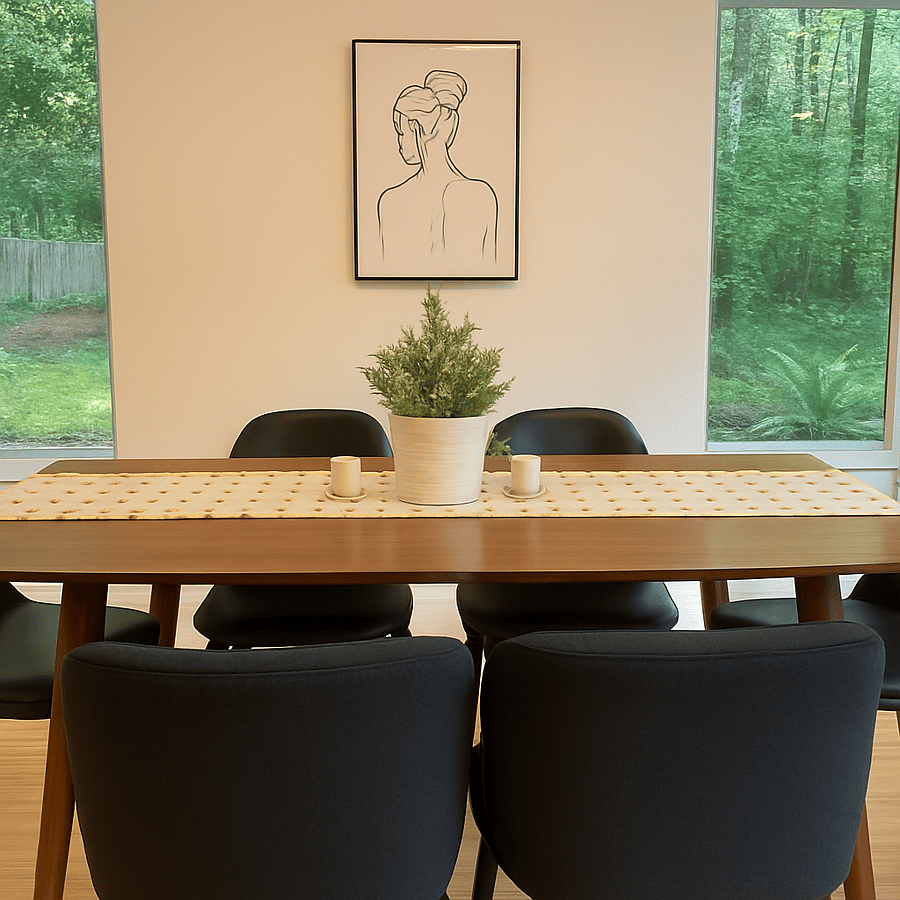 Gather around this modern dining table with tranquil forest views