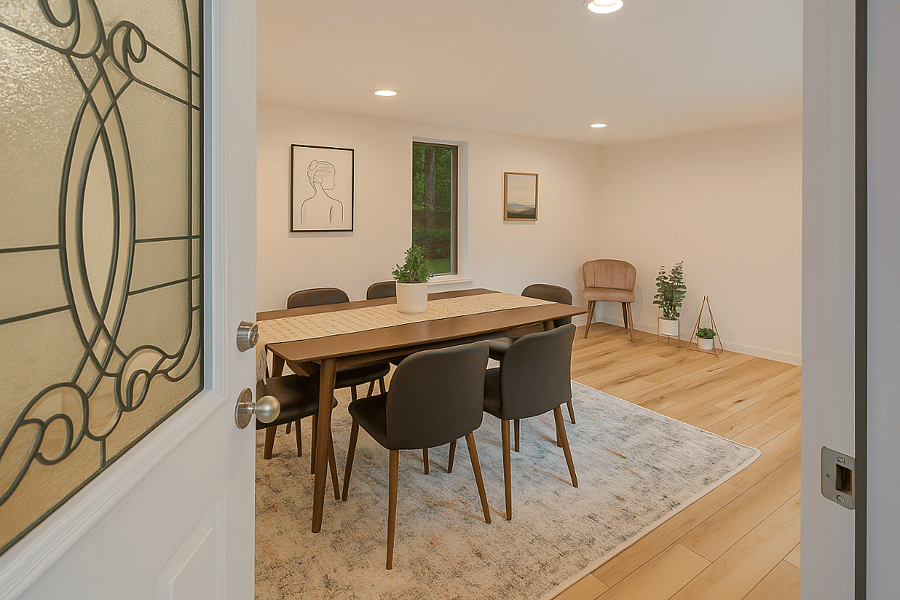Step into a stylish dining space that feels both modern and serene.