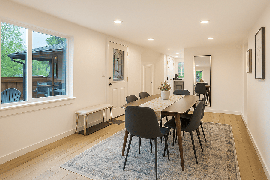 Bright and welcoming dining area with seating for sixperfect for sharing meals, playing games, or gathering for conversation