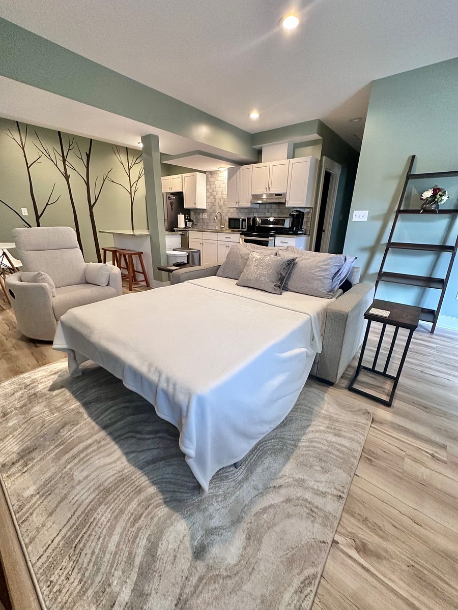 The living room is equipped with a sofa bed with a full-size memory foam mattress and easy pull out feature to comfortably accommodate any overnight visitors.