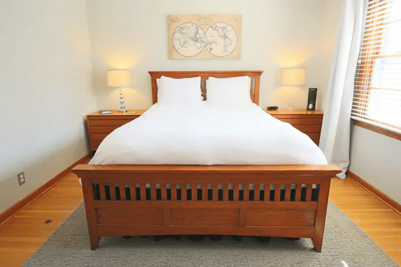 When you're turning in, close the blinds/blackout curtains and turn on the fan. The bed is a Bowles Mattress. (Experienced craftsmen construct Bowles mattresses in Indiana. Using only the highest grade foams, materials, & spring systems.)