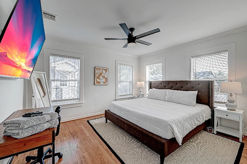 1712 Fairview 77006: 2nd Floor North Bedroom complete with King Bed, Desk and 65" Roku TV. 