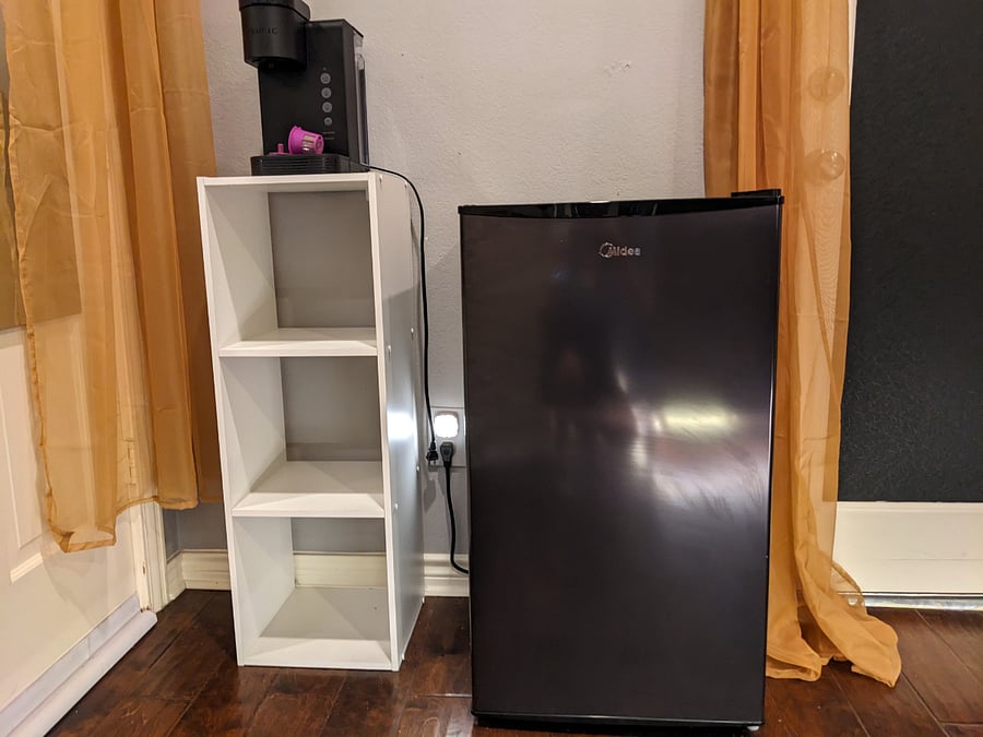 Mini-fridge and shelves