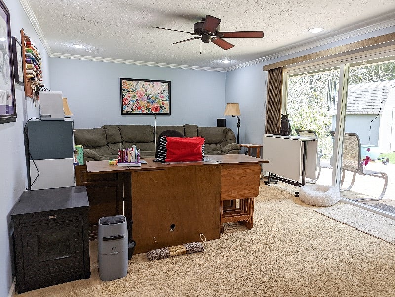 Family room with big tv! Plus my quilting stuff 