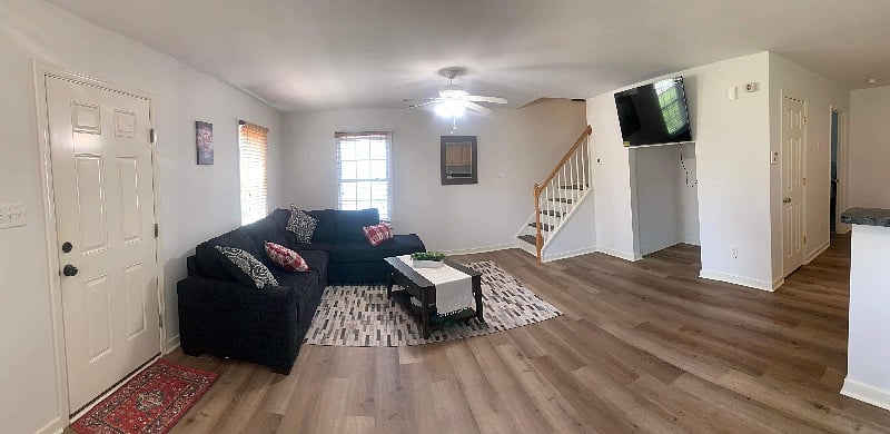 Living room open to kitchen and dinning room . 