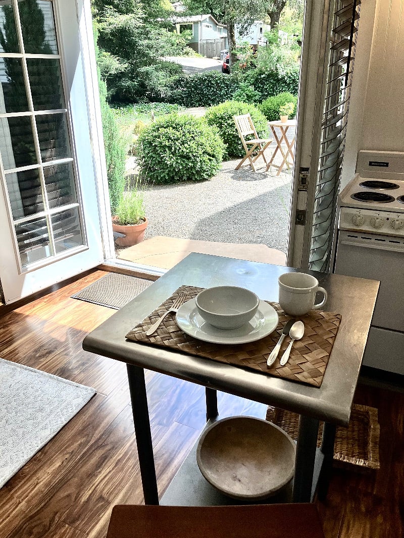 Your view while having breakfast at your stainless steel island. Dishes are from William Sonoma, and silverware is vintage silver.