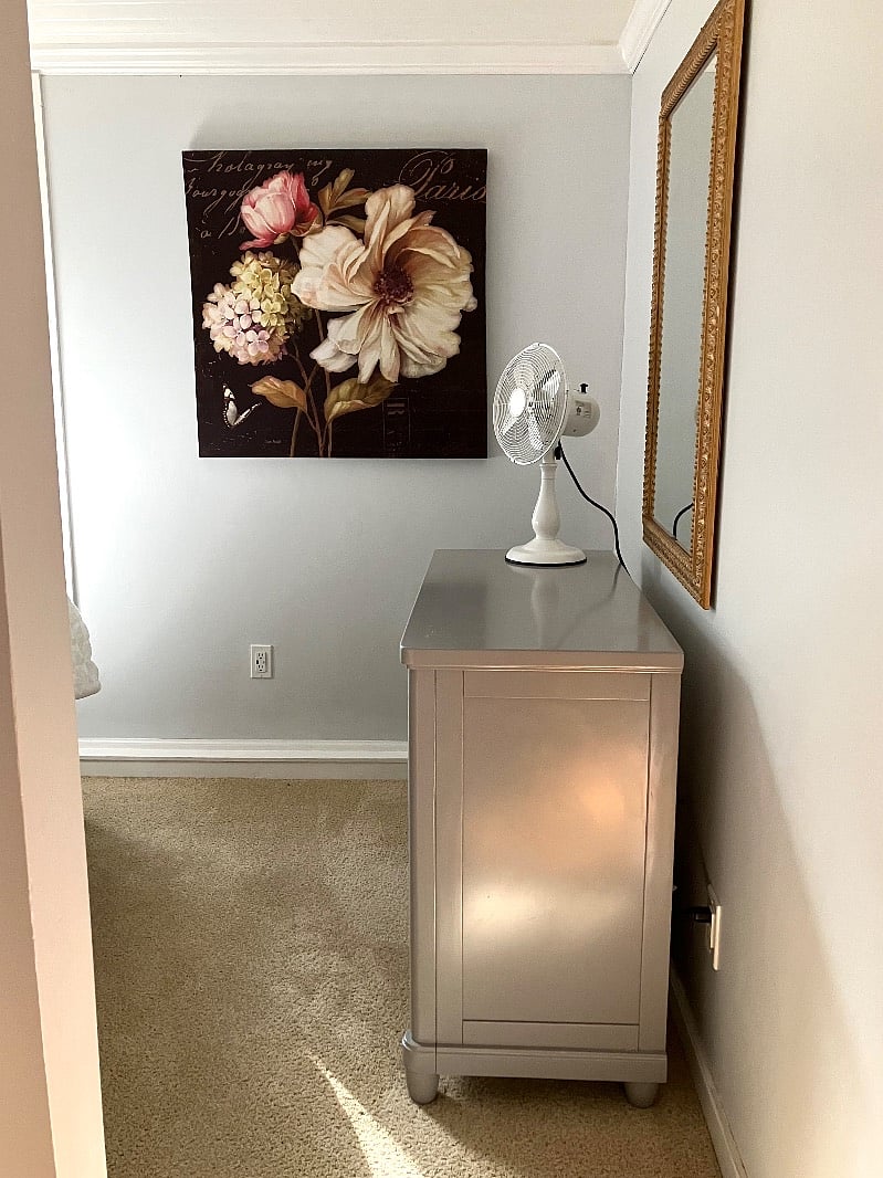 View looking into the bedroom. (Blackout curtains provided, if needed). The dresser has ample storage, and smooth sliding drawers.