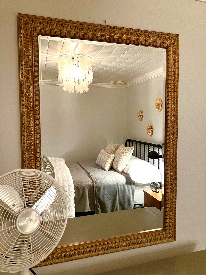 AC is not necessary in Northern California, but a fan is provided for the occasional heatwave. (The pretty chandelier is on dimmers...)