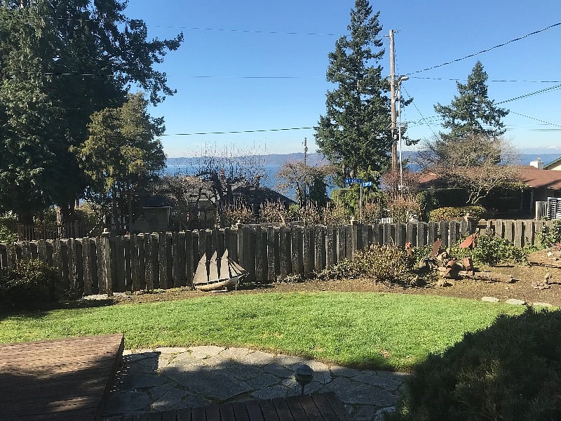 Fully fenced back yard with views of Puget Sound, Vashon Island and Olympic mountains