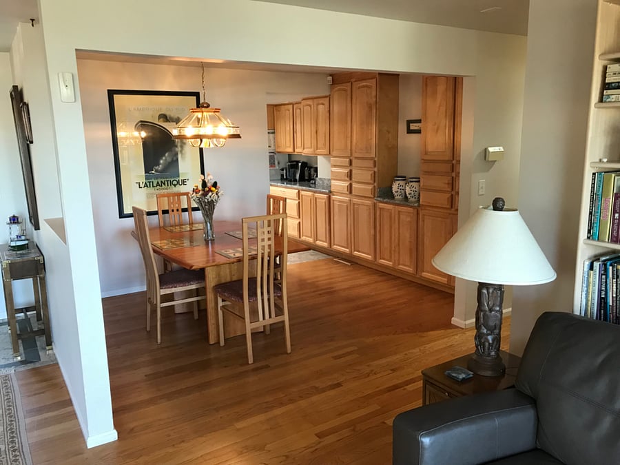 Dining area with storage cabinets