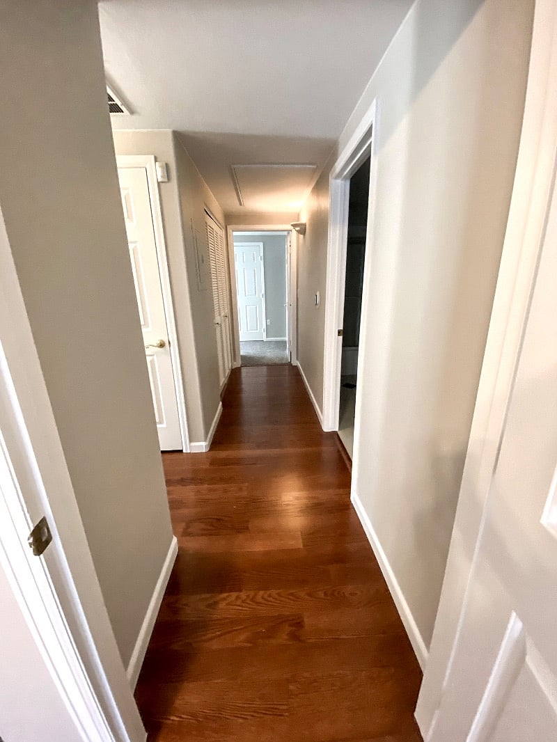 wood floors in the living room and hallway