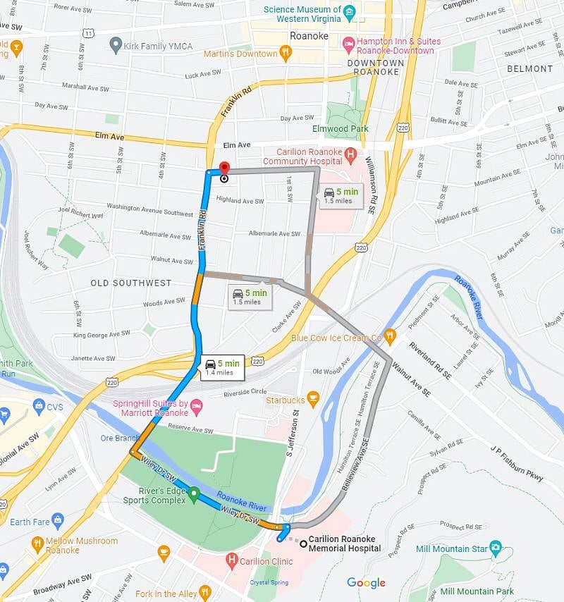 3 blocks from Roanoke Community Hospital
1 mile from Roanoke Memorial Hospital