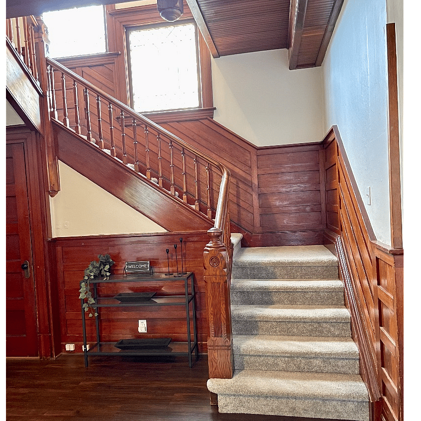 Historic staircase and stained glass