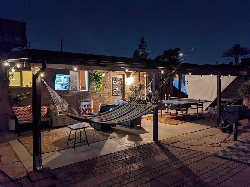 Back of house and patio with built-in gas grill ... no tank required