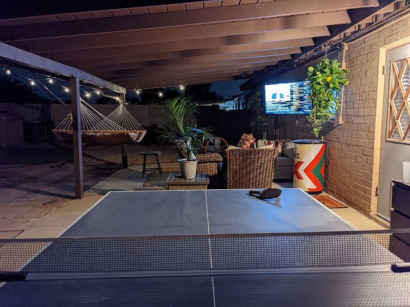 Back of house and patio with built-in gas grill ... no tank required