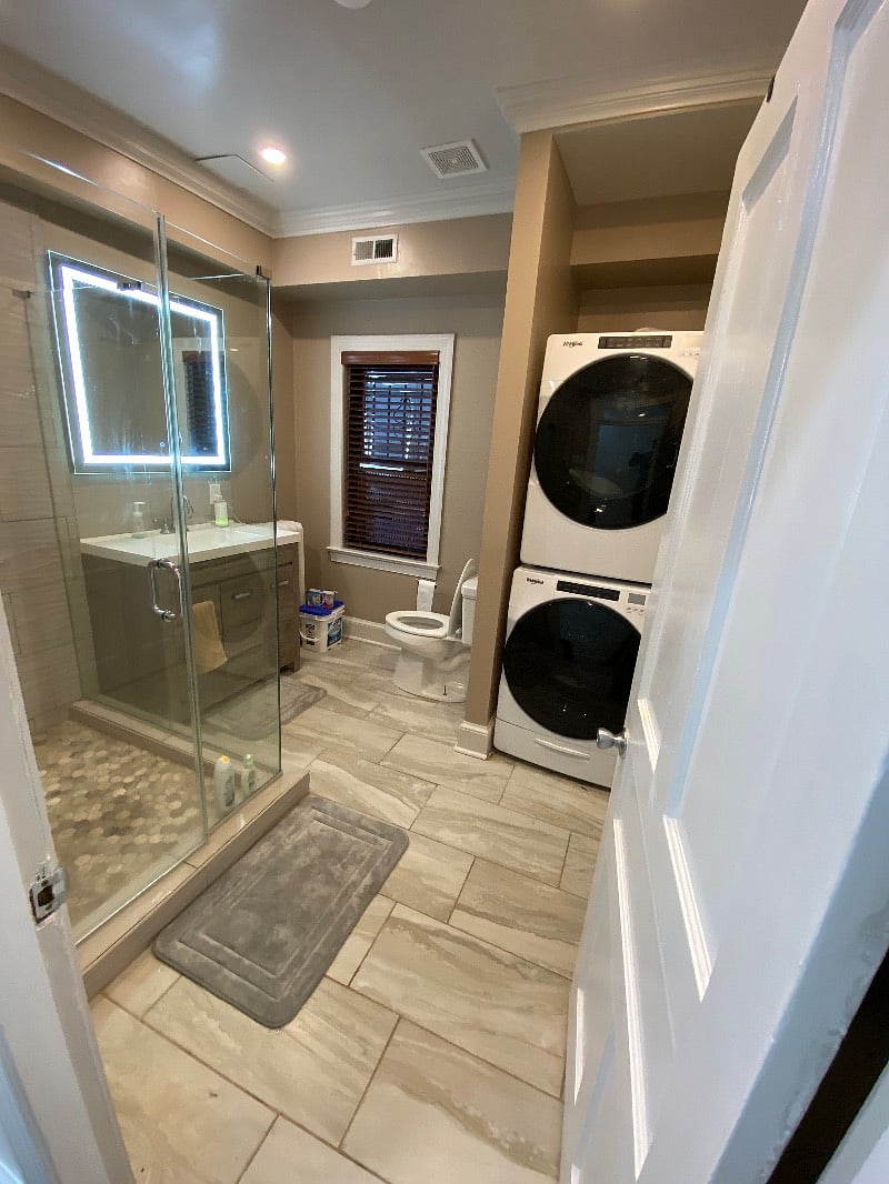 Laundry on the second floor.  The is a shared laundry. Bath use not available, just W/D.  General house rules govern use of W/D.