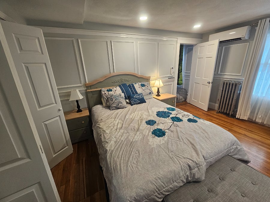 Your private bedroom has a wall mounted tv, a comfortable desk, a kitchen cart, a closet and storage shelves as well a linen chest.You