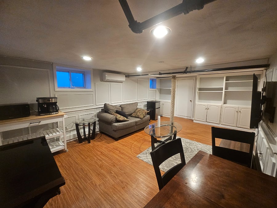 Your private lounge/office awaits! Enjoy your wall mounted tv from your couch. Make coffee next to your desk or take meetings with a tasteful background. Dine privately with friends or play boardgames at your personal table.