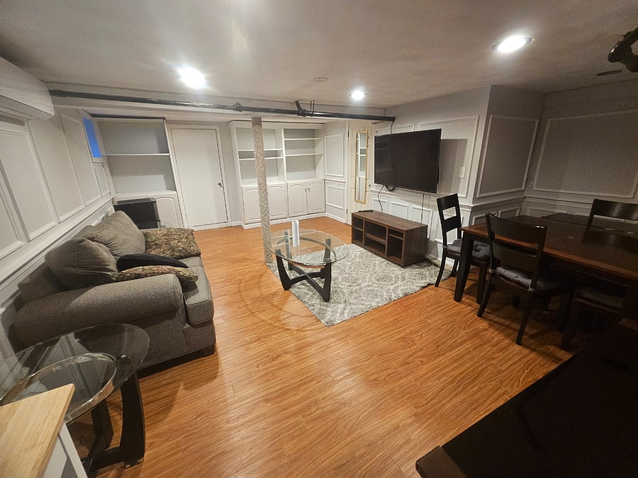 Your private lounge/office awaits! Enjoy your wall mounted tv from your couch. Make coffee next to your desk or take meetings with a tasteful background. Dine privately with friends or play boardgames at your personal table.