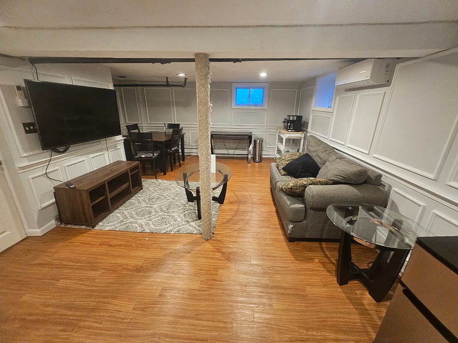 Your private lounge/office awaits! Enjoy your wall mounted tv from your couch. Make coffee next to your desk or take meetings with a tasteful background. Dine privately with friends or play boardgames at your personal table.