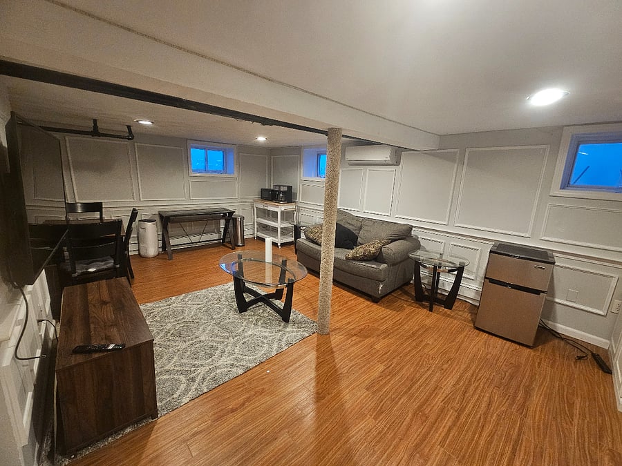Your private lounge/office awaits! Enjoy your wall mounted tv from your couch. Make coffee next to your desk or take meetings with a tasteful background. Dine privately with friends or play boardgames at your personal table.