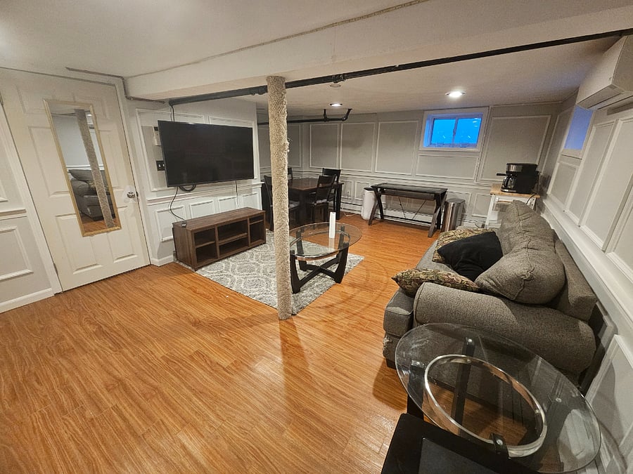 Your private lounge/office awaits! Enjoy your wall mounted tv from your couch. Make coffee next to your desk or take meetings with a tasteful background. Dine privately with friends or play boardgames at your personal table.