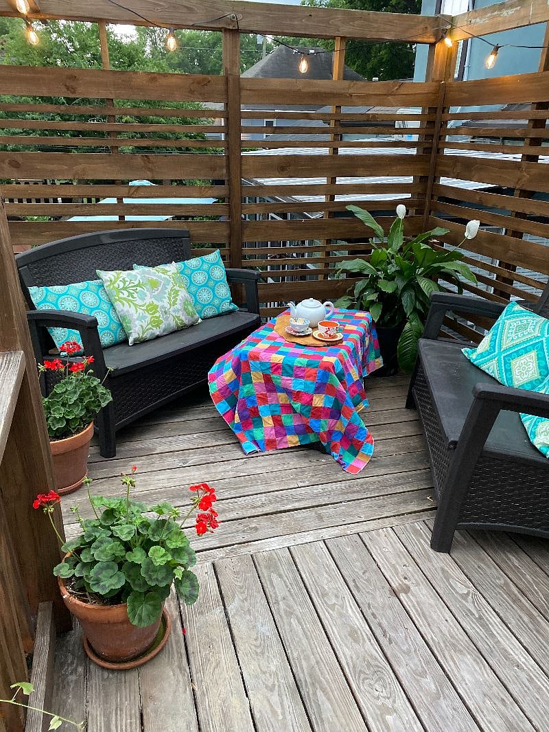 Porch at top of the bookcase stairs. Part of your private porch just outside your front door.