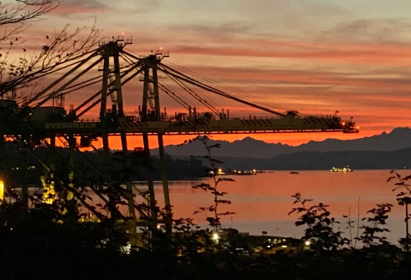 Mukilteo/Clinton Ferries in the background at sunset.
