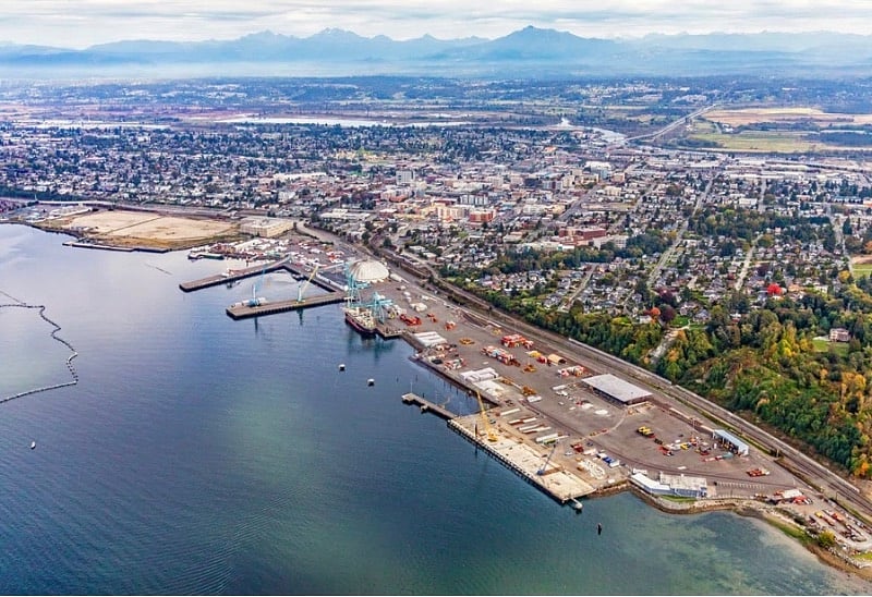 Port Gardner in Everett, Washington
View of Cascade Mountains in background.