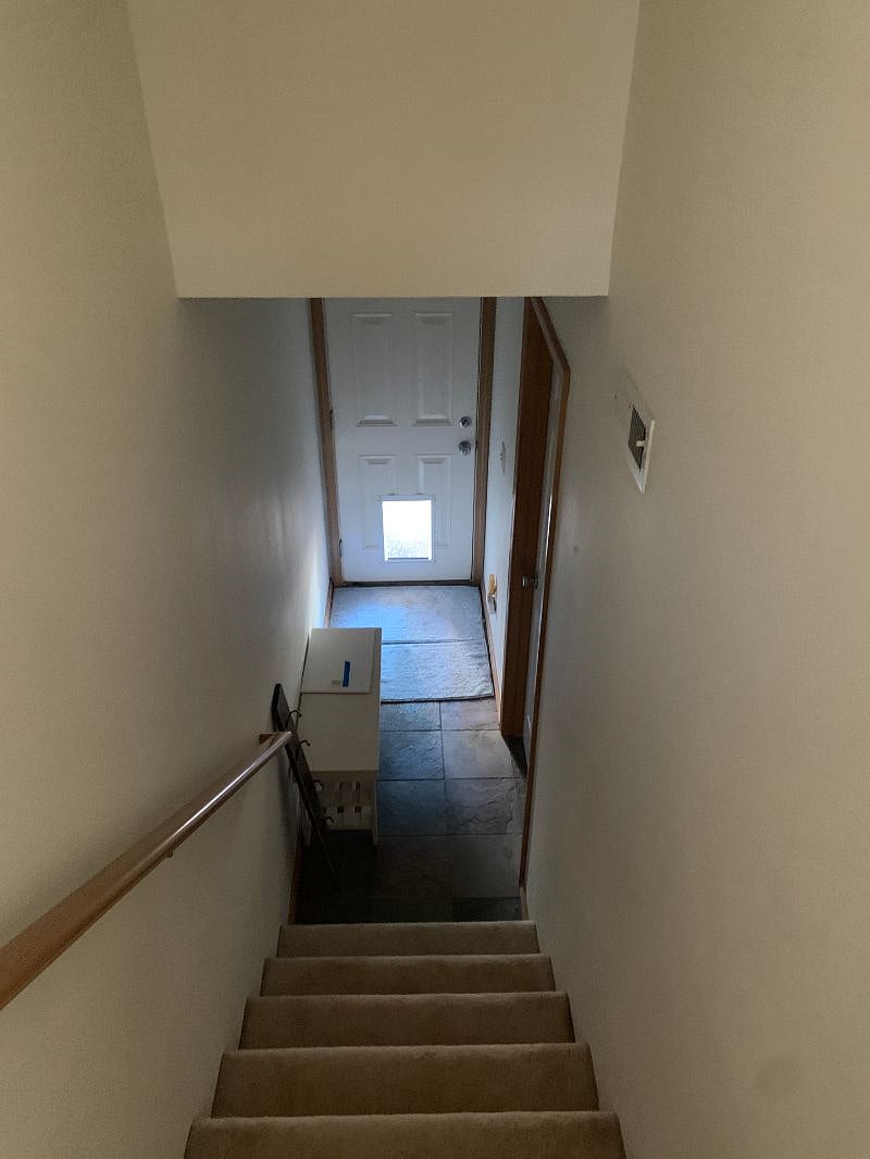 Stairwell from 2nd floor to 1st floor,  out to fenced in backyard. Human and dog door. My 45lb dog fits though this.
