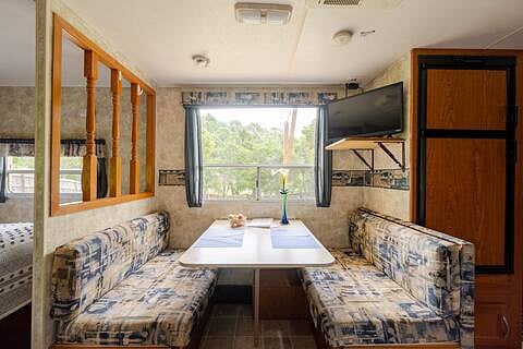 Enjoy watching the chickens peck while eating a meal at the dinette.