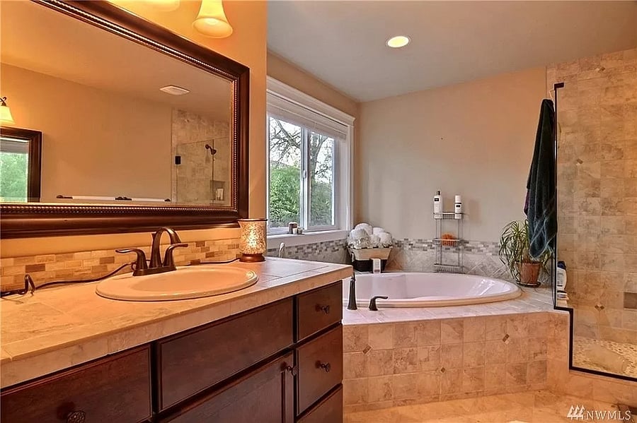 Bath with Tub overlooking back yard and separate shower