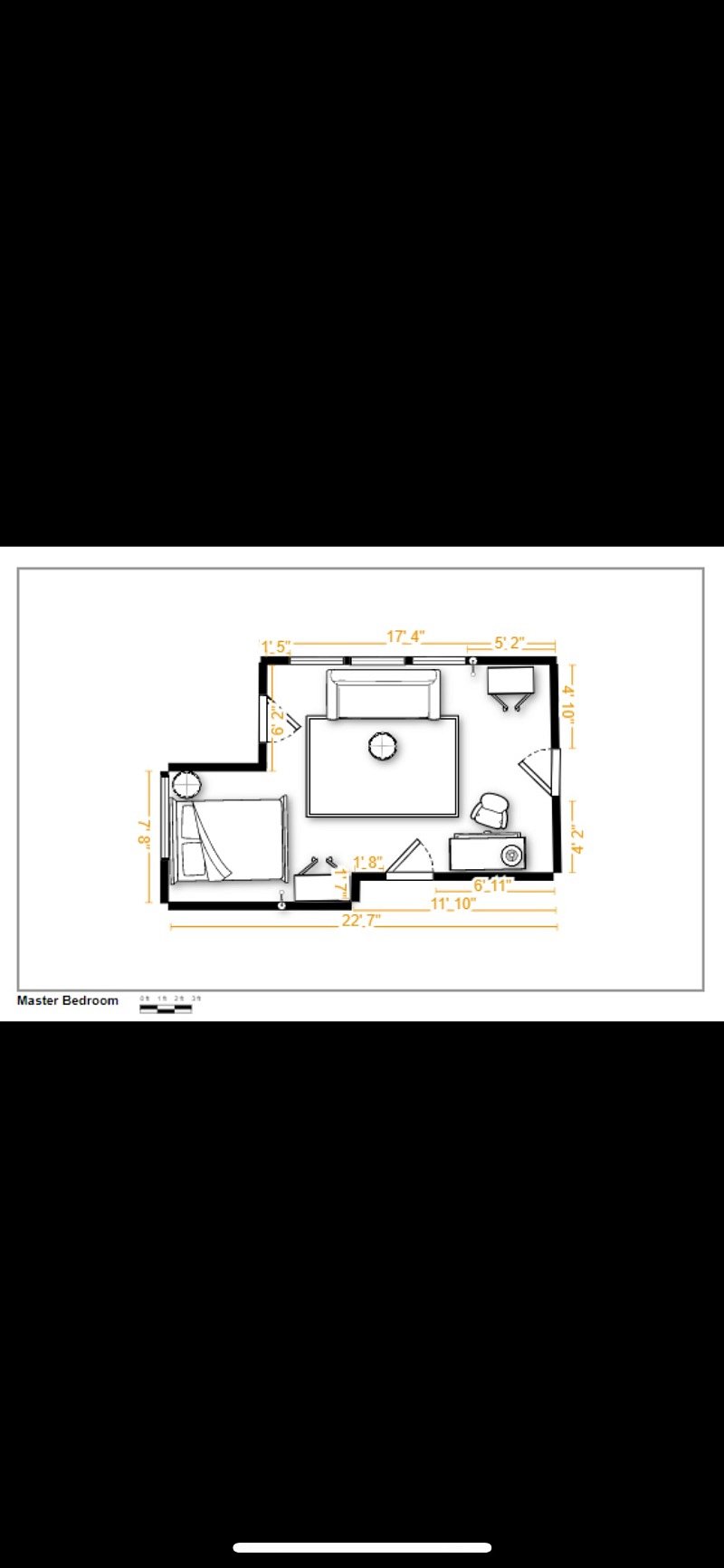 Master bedroom floor plan. Door on left to walk in closet. Door on right to small balcony. Third door is to hallway. All three bedrooms are on the second floor.