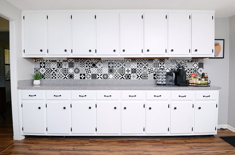 Ample Kitchen Cabinets & Counters with fully stocked Coffee Station